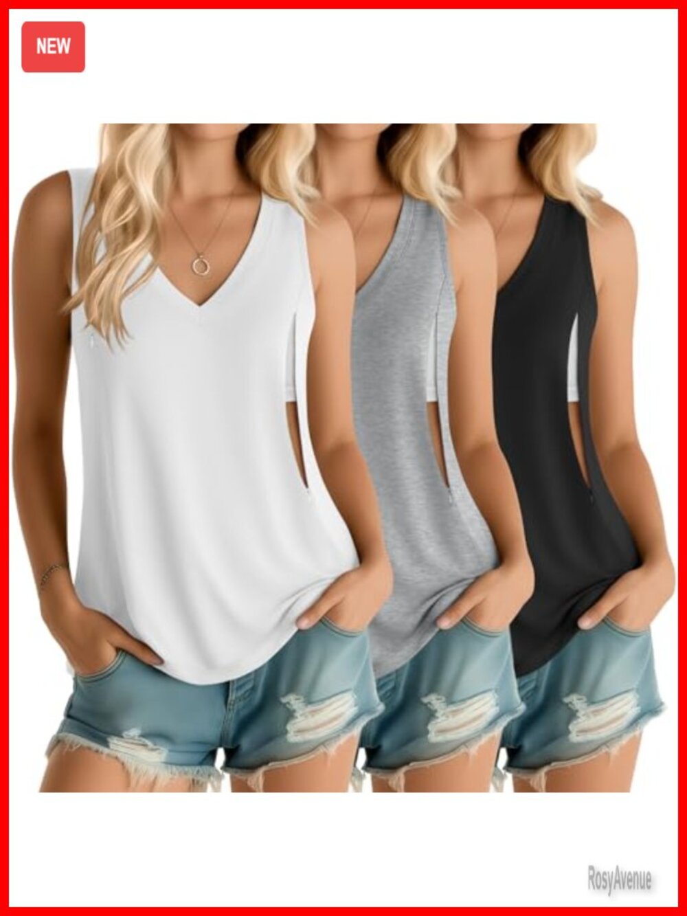 3 Pack Nursing Tank Tops V-Neck Hidden Zipper Breastfeeding Sleeveless